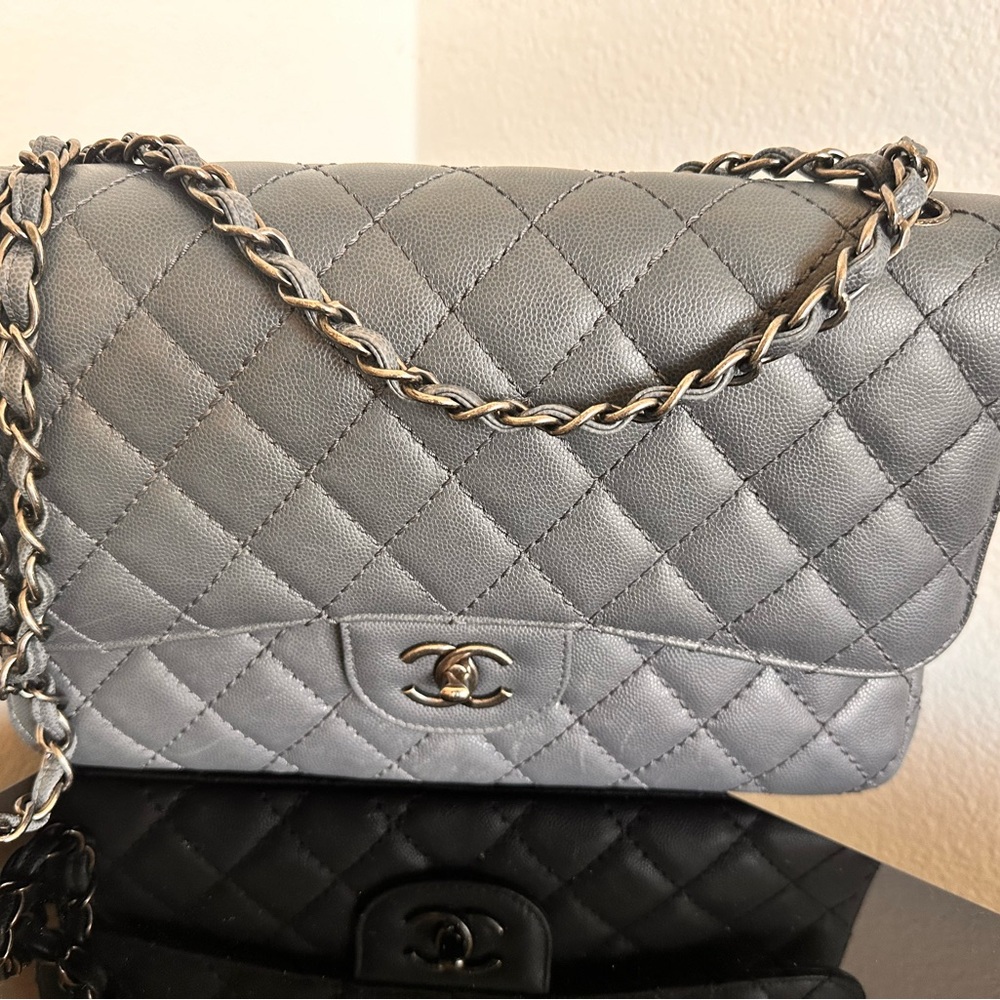 Authentic CHANEL SLATE GRAY CAVIAR MEDIUM CLASSIC DOUBLE FLAP BAG